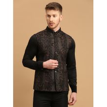 ESSAS club Black Knitted Leaf And Stripe Print Nehru Jacket