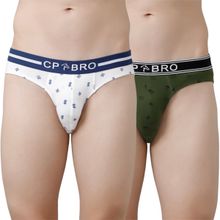 CP BRO Printed Briefs with Exposed Waistband Value - White & Olive Green (Pack of 2)