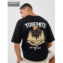 Styli Elevate Men Black Oversized Yosemite Graphic Print Crew Neck Cotton T-Shirt