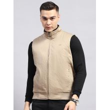 Monte Carlo Men Textured Beige High Neck Sleeveless Jacket