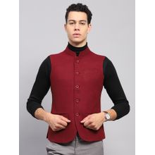 Monte Carlo Men Solid Maroon Mandarin Neck Sleeveless Waist Coat