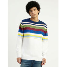 United Colors of Benetton White Regular Fit Round Neck Striped Sweater