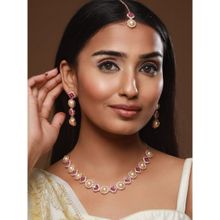 Jazz and Sizzle Rose Gold Plated Handcrafted Pink American Diamond & Pearl Studded Set Maang Tikka