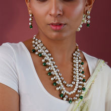 Fida Wedding Ethnic Gold Plated Green Pearl Beaded Layered Choker Necklace Earrings Jewellery Set