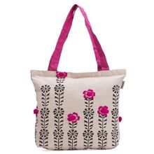 Pick Pocket Black Floral Printed & Pink Pompom Balls Tote Bag