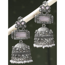 OOMPH Oxidised Silver Jhumka Earrings-Pink Opal MoonStone