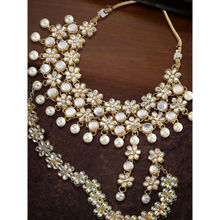 OOMPH Gold Kundan & Pearl Ethnic Choker Necklace Set with Drop Earrings & Hair Chain