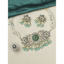 OOMPH Green Beads & Kundan Multi Layer Choker Necklace Set with Drop Earrings & Ring