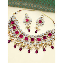 OOMPH Rani Pink Stones & Kundan Heavy Ethnic Necklace Set with Drop Earrings