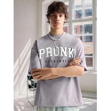 PRONK Mens Grey Cotton Printed Round Neck Half Sleeves Oversized T-Shirt