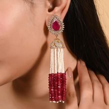 Ratnavali Jewels Gold Plated American Diamond CZ Red Drop Pearl Long Earring
