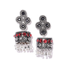 Infuzze Black & Red Oxidised Silver Toned Stone Studded Dome Shaped Drop Earrings
