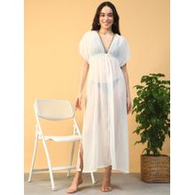 Oxolloxo Women Solid White Lurex Lace Detail Short Flutter Sleeve Elasticated Beachwear Dress