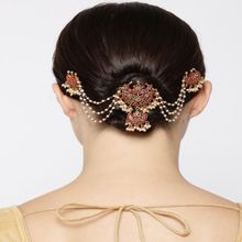Priyaasi Gold Plated Maroon & Green Stone Studded Multistranded Beaded Chains Bun/ Hair Accessories