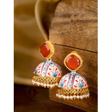Infuzze Rust Orange & Pink Gold-Plated Stone Studded Hand Painted Dome Shaped Jhumkas