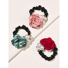 OOMPH Combo of 3 Red- Peach and Green Floral Satin Silk Scrunchy Hair Tie Ponytail Holder