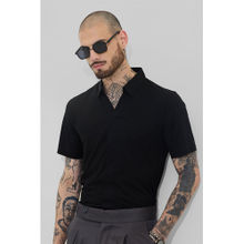 Snitch Men Black Textured Slim Fit Polo T-Shirt