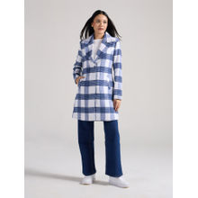 Twenty Dresses by Nykaa Fashion Blue Checkered Lapel Collar Full Sleeves Overcoat