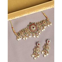 OOMPH Red & Green Stones Ethnic Temple Jewellery Choker Necklace Set