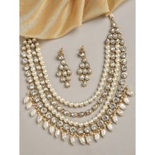 OOMPH Gold Kundan & Pearls Necklace Set Multi Layer Ethnic Mala Long Necklace Set