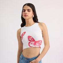 MIXT by Nykaa Fashion White And Red Butterfly Print Crop Tank Top