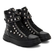 Whitesta Black Pu Coated Leather And Glass Studd Women Boots