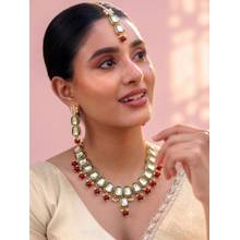 Peora Gold Plated Traditional Kundan Necklace with Green Stones Earrings and Maang Tikka