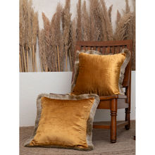 BELIHODE Honey Gold Fringed Velvet Cushion Cover (Pack of 2) (16x16 inches)