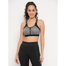 Clovia High Impact Lightly Padded Spacer Cup Active Sports Bra In Light Grey With Front Zipper