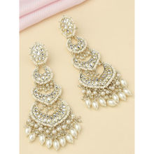 OOMPH White Pearls & Kundan Jadau Long Chandbali Earrings