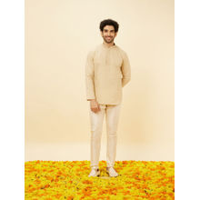 Manyavar Mens Beige Blended Linen Short Kurta