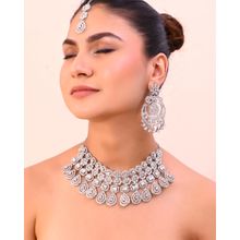 VOJ Silver Plated Ad Studded Necklace With Earrings And Mangtikka Set