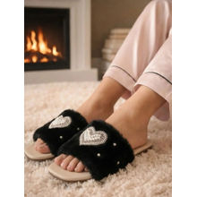 RETTROSE The Luxe Pearl Heart Black Fur Embellished Flats