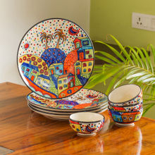 ExclusiveLane 'Hut Dining' Handpainted Ceramic Dinner Plates With Katoris (8 Pcs, Serving For 4)