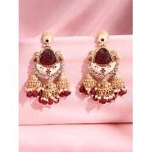 ADIVA 22K Gold-Plated Maroon Onyx & Kundan with Pearl Beads Meenakari Jhumka Earrings