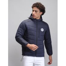 Rock.it Men Solid Navy Blue Hooded Neck Full Sleeve Jacket