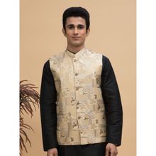 NEUDIS Men Beige Jacquard Silk Blend Nehru Jacket