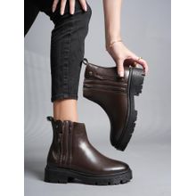 Drop Bold Brown Round Toe Zipper Chunky Casual Boots For Women