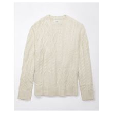 American Eagle Men Cream Super Soft Patchwork Cable Knit Crewneck Sweater