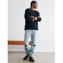 American Eagle Men Navy Super Soft Patchwork Cable Knit Crewneck Sweater