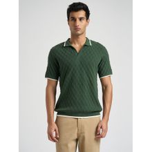 SELECTED HOMME Men Cotton Green Self Design Collar Neck Polo T-Shirt