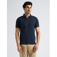 SELECTED HOMME Men Polyester Navy Blue Textured Collar Neck Polo T-Shirt