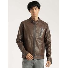 United Colors of Benetton Regular Fit Brown Solid Vintage Pu Biker Jacket