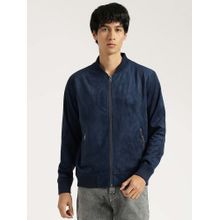 United Colors of Benetton Regular Fit Navy Blue Baseball Collar Solid Suede Jacket