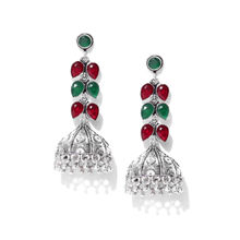 Infuzze Oxidised Silver-Toned Brass-Plated Stone-Studded Handcrafted Dome Shaped Jhumkas