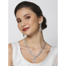 OOMPH White Silver Tone American Diamond Tear Drop Pendant Necklace Set with Drop Earrings