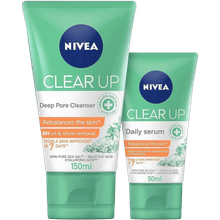 NIVEA Clear Up Anti-Acne Sea Salt Bundle, Face Wash Deep Pore Cleanser & Daily Face Serum