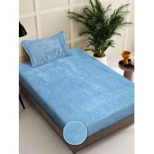 FABINALIV Blue Solid Wollen Single Bedsheet with Pillow Cover