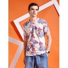 The Indian Garage Co Men Slim Fit Beige Tropical Print Round Neck T-Shirt