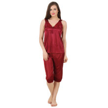 Fasense Women Satin Nightwear Nightsuits Top And Capry Set SR018 D - Maroon